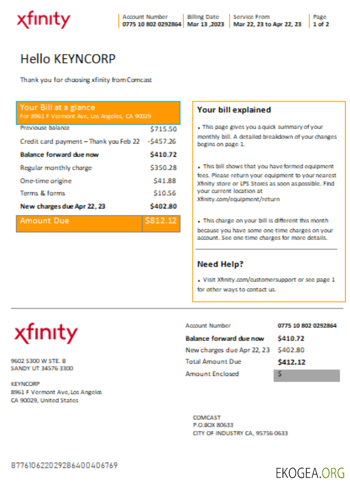 Facture commerciale de services publics San Francisco Xfinity Comcast SCR page 1